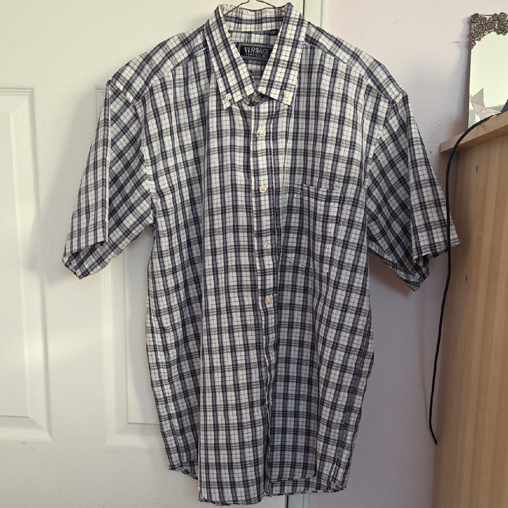 Versace Men's Plaid Shirt in Blue and White